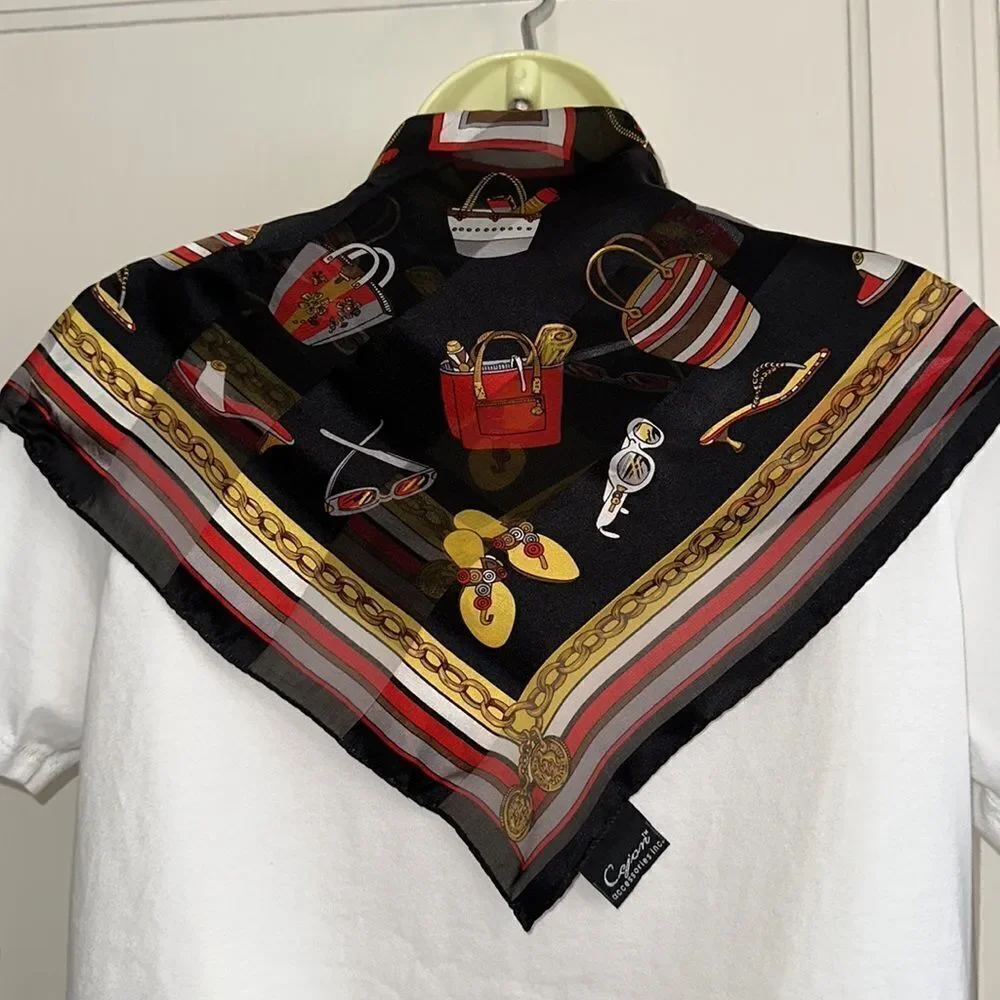 Cejon beach themed black, red, gold,‎ white & gray silk square scarf